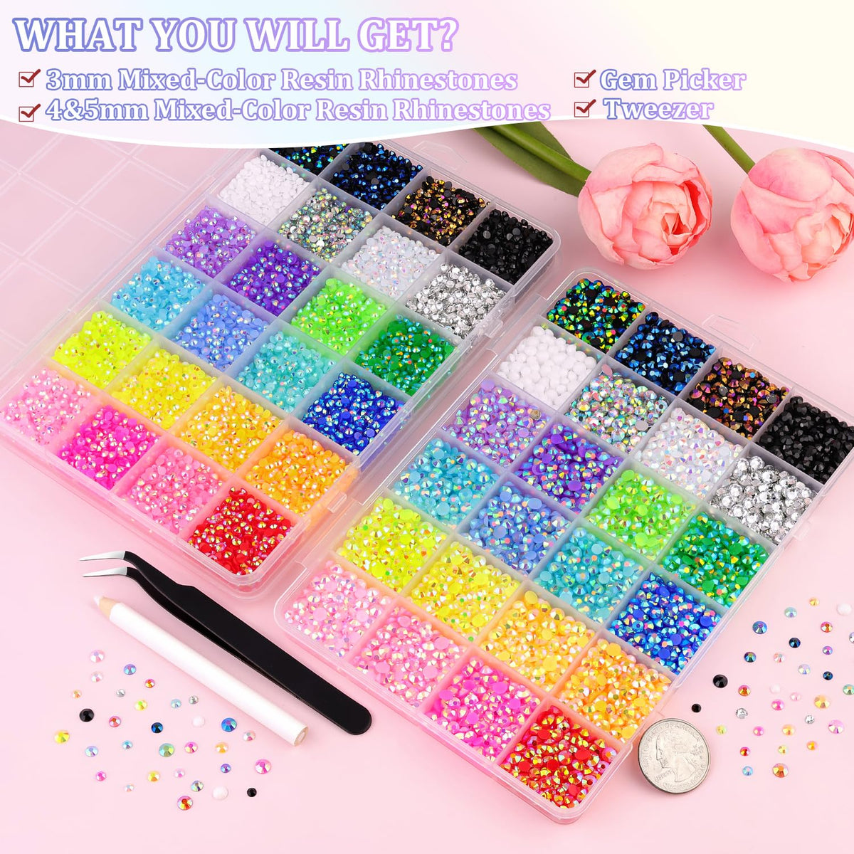 Two storage boxes containing 22000 rhinestones in various sizes