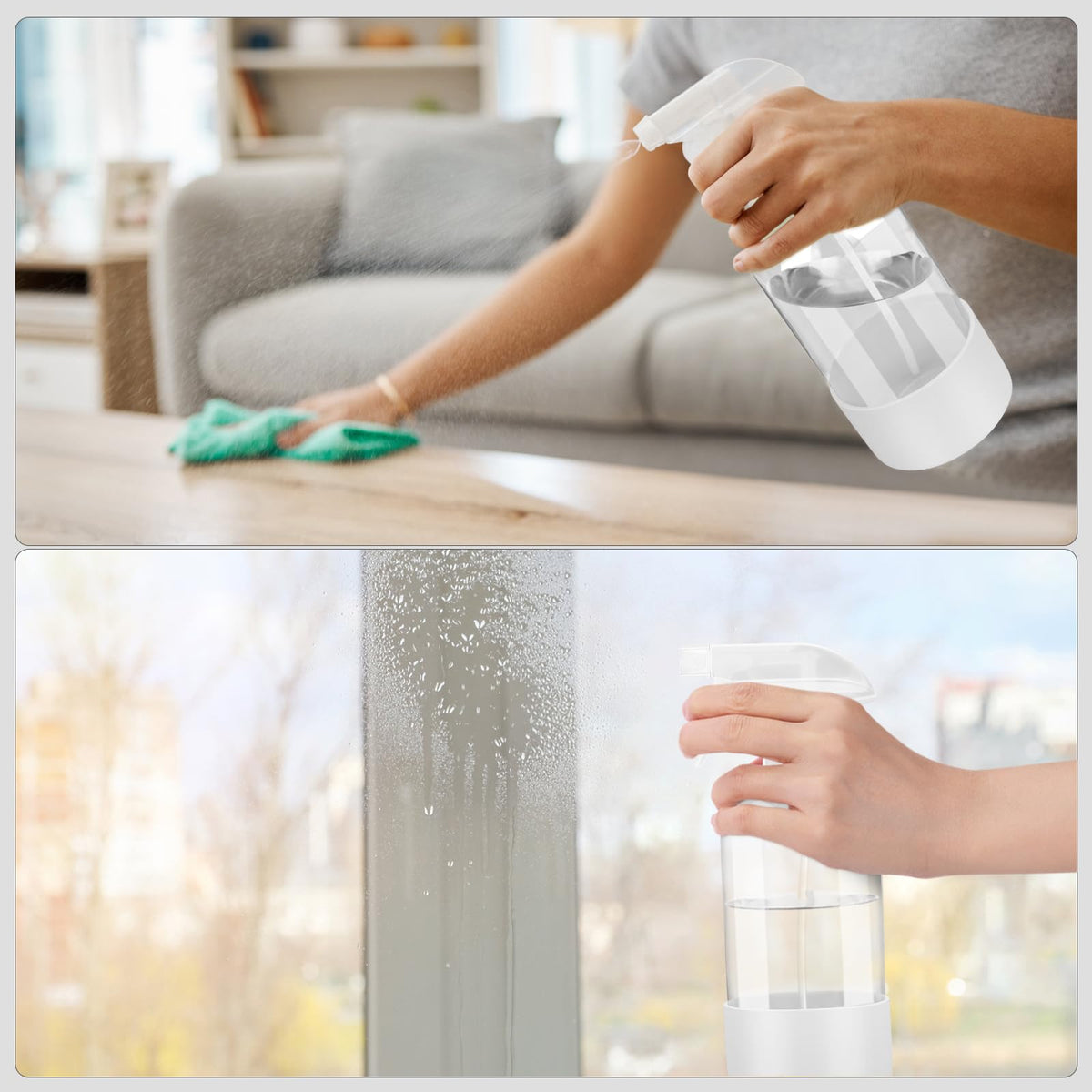 Two Worldgsb glass spray bottles side by side
