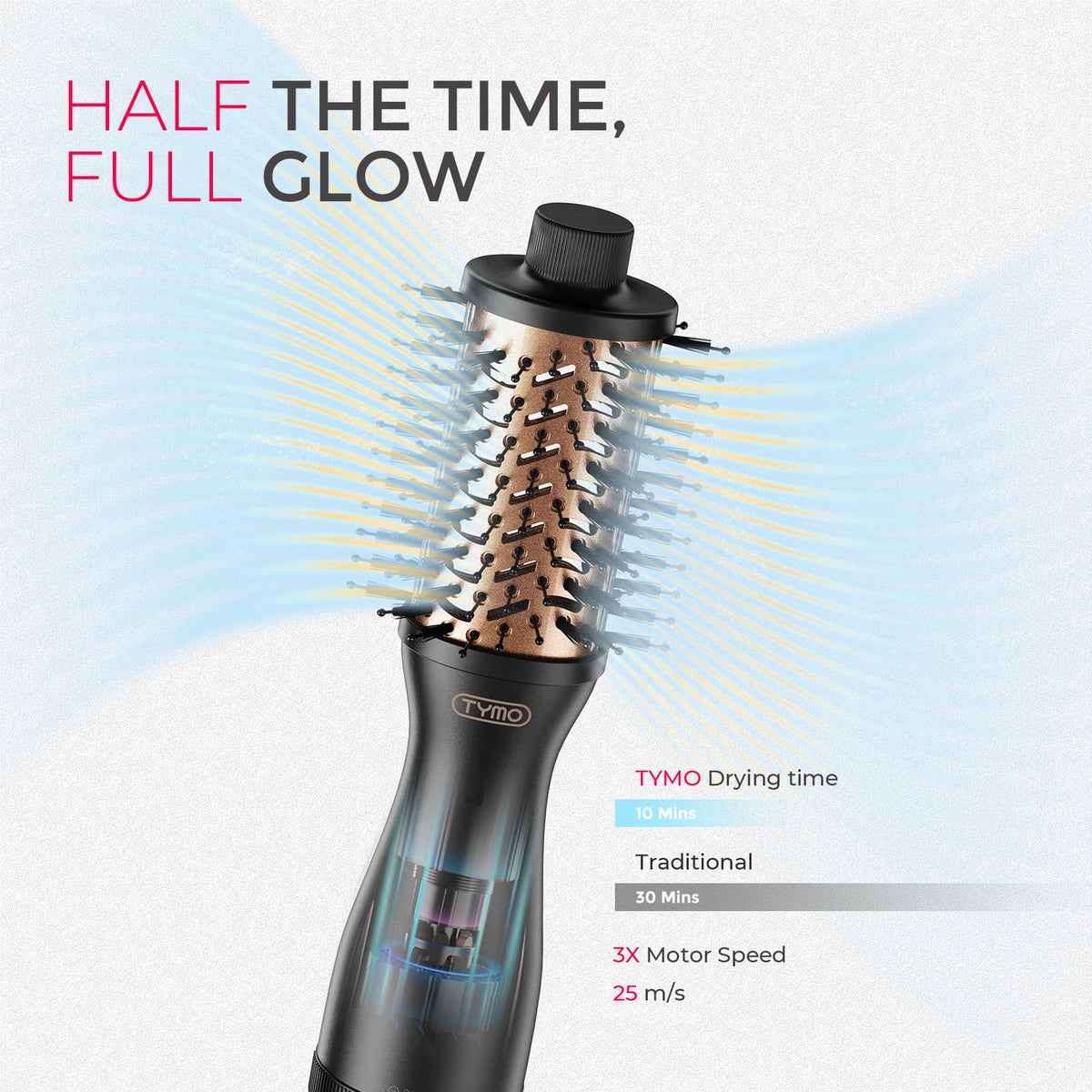 TYMO 2.0 Hair Blow Dryer Brush side view showing bristles