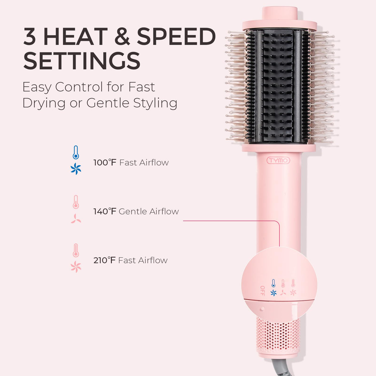 TYMO 4.0 Hair Blow Dryer Brush displaying heat settings