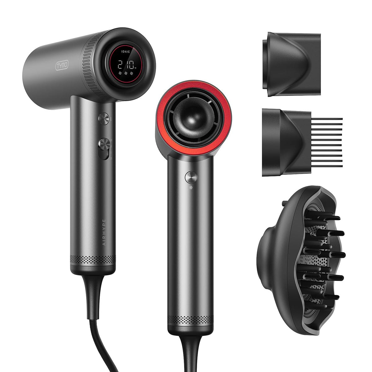 TYMO Blow Dryer with Comb front view in metal gray
