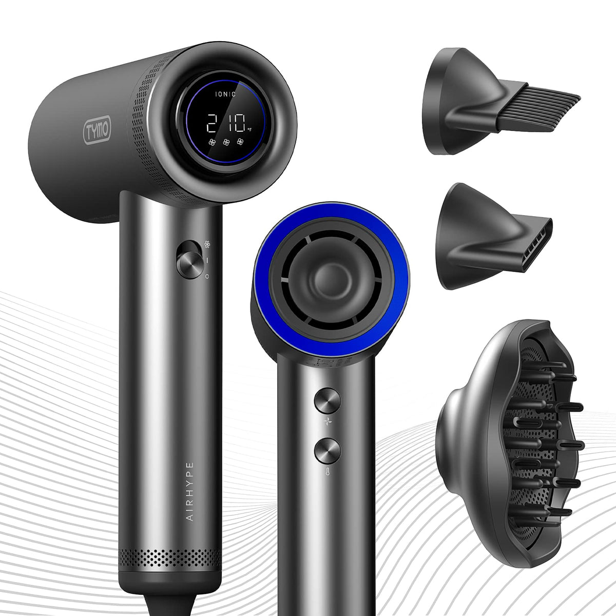TYMO Blow Dryer with Comb front view showing graphite finish