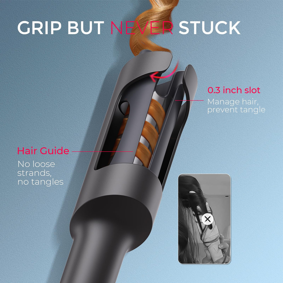 TYMO curling iron demonstrating cool-to-the-touch design