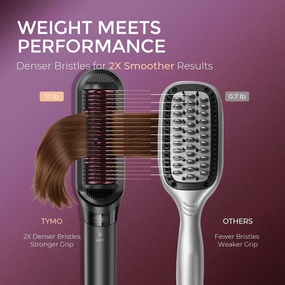 TYMO hair straightener brush in use on hair