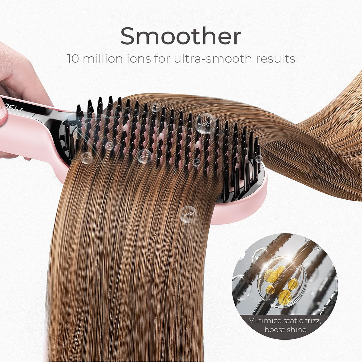TYMO Hair Straightener Brush in use on thick curly hair