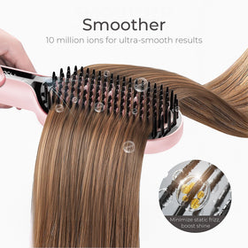 TYMO Hair Straightener Brush in use on thick curly hair