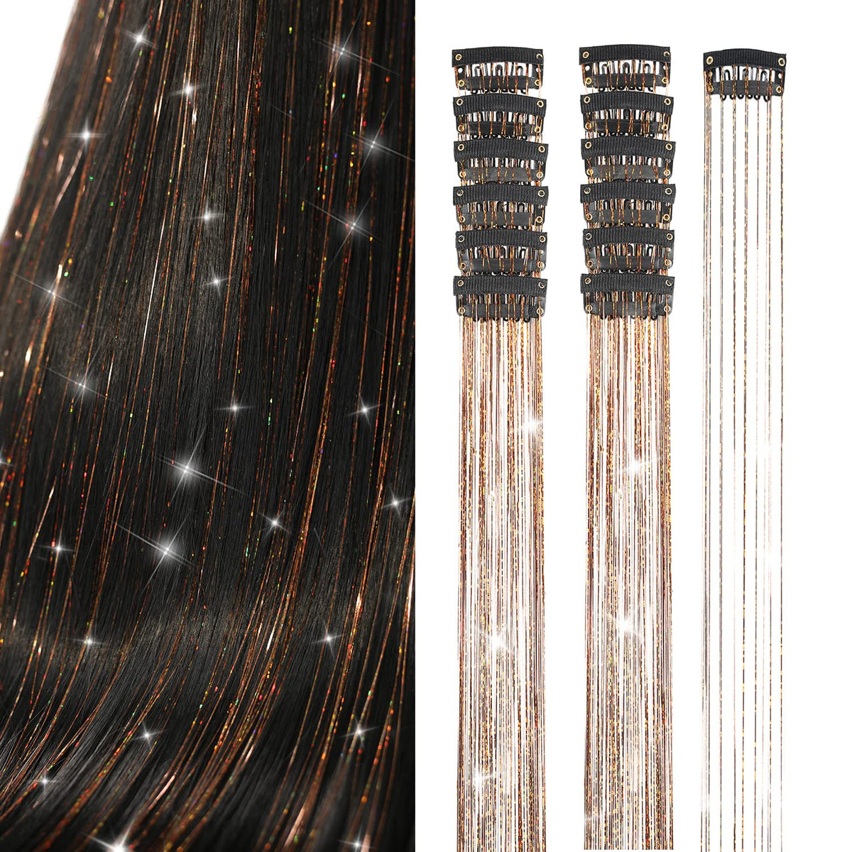 Ubeleco Brown Hair Tinsel Extensions 12Pcs in pink packing case