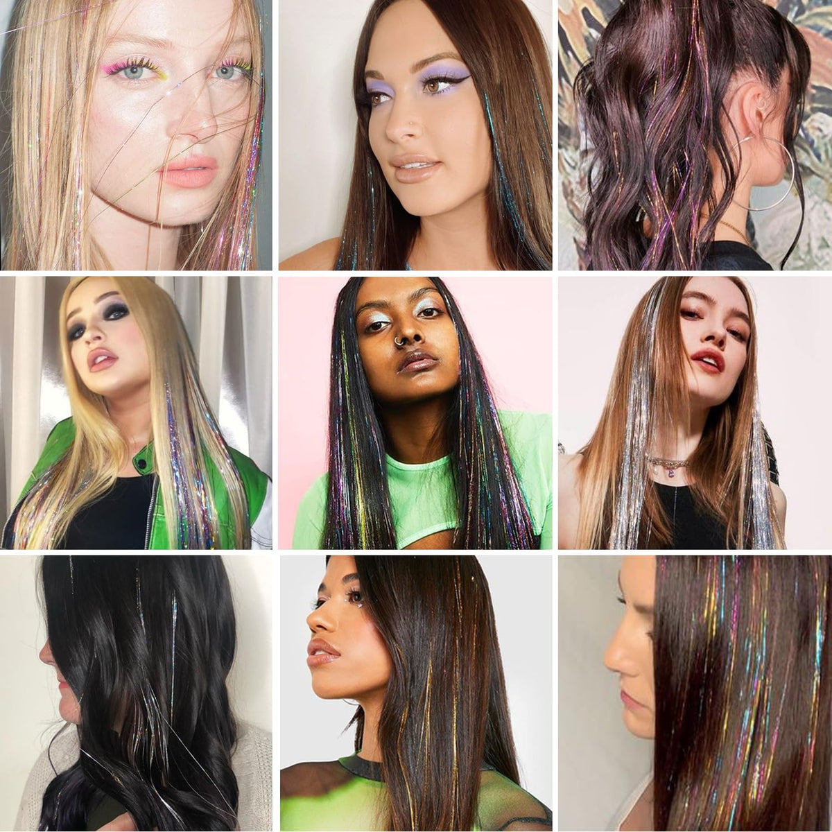 Ubeleco Brown Hair Tinsel Extensions laid out on a table
