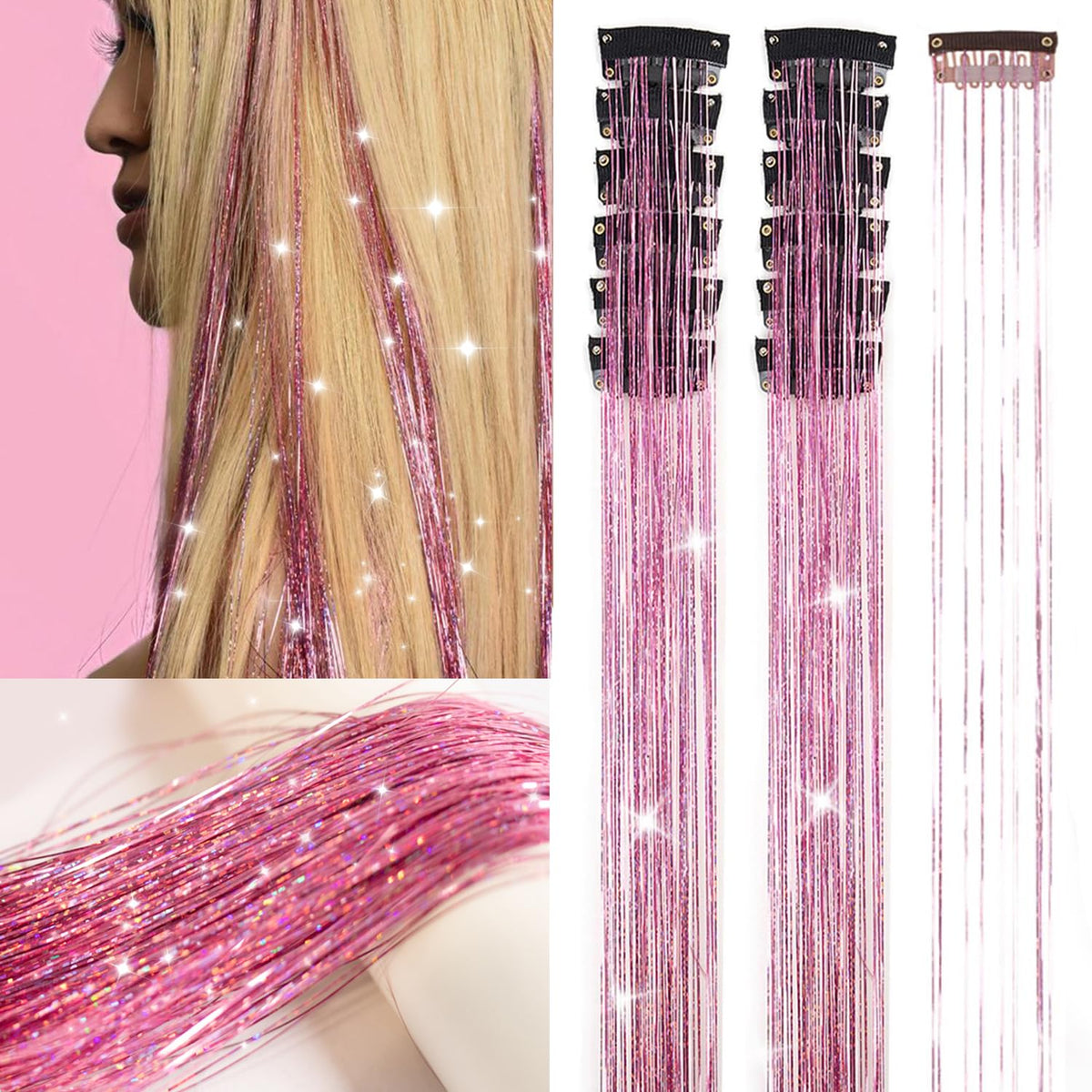 Ubeleco Pink Hair Tinsel Extensions 12 pieces in packaging