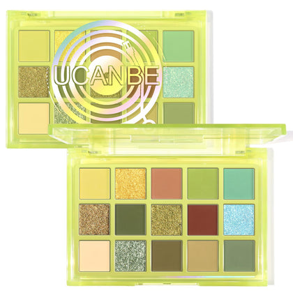 UCANBE 15-Colour Eyeshadow Palette front view with olive green and earth tones