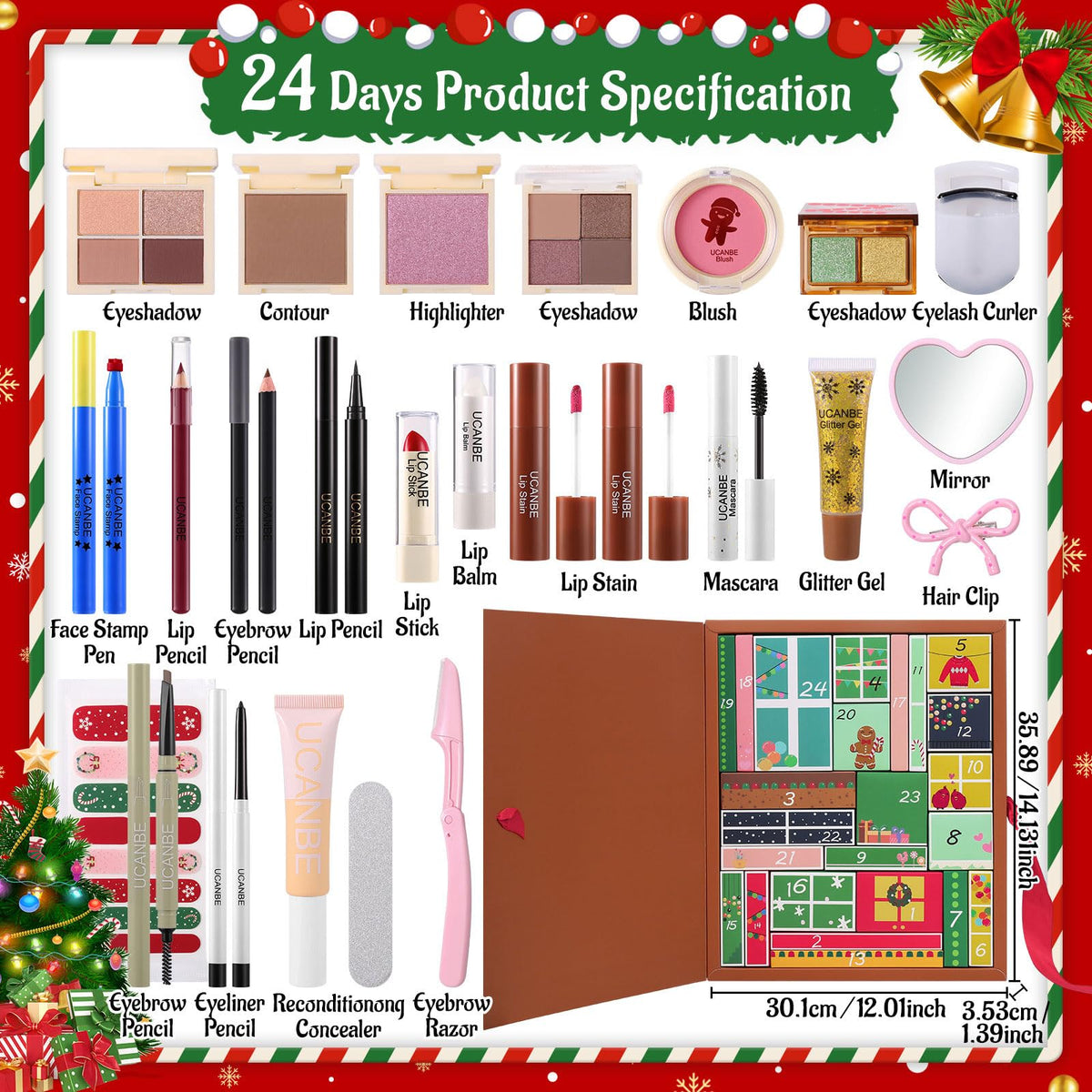 UCANBE 24 Days Makeup Advent Calendar opened with products visible