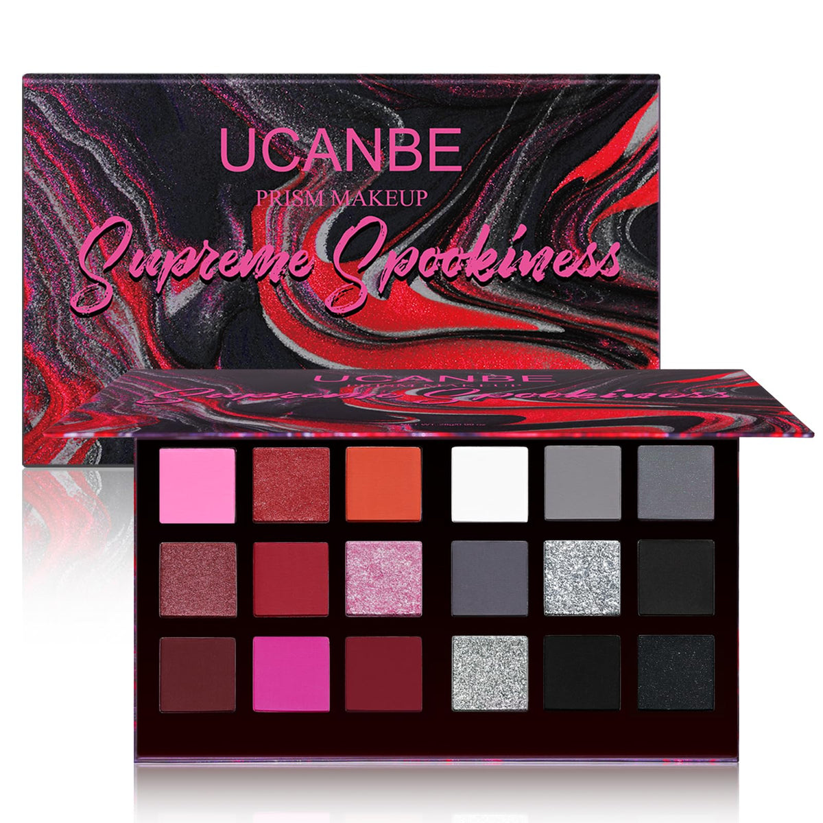 UCANBE Black Red Goth Eyeshadow Palette front view with 18 colors
