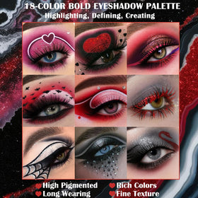 UCANBE Black Red Goth Eyeshadow Palette with brush and swatches