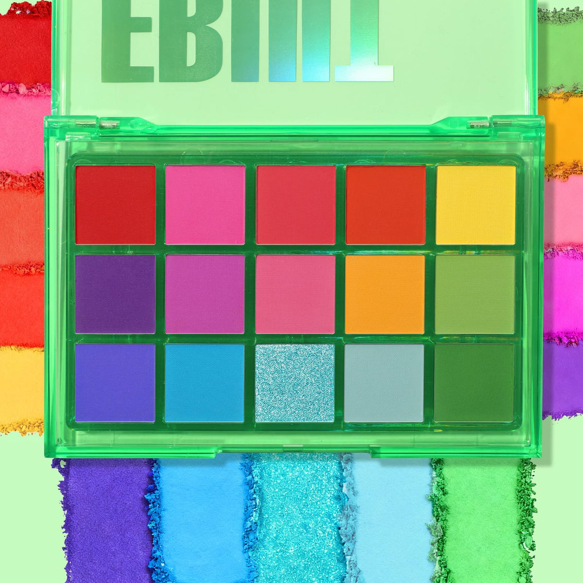 UCANBE eyeshadow palette open displaying all 15 shades