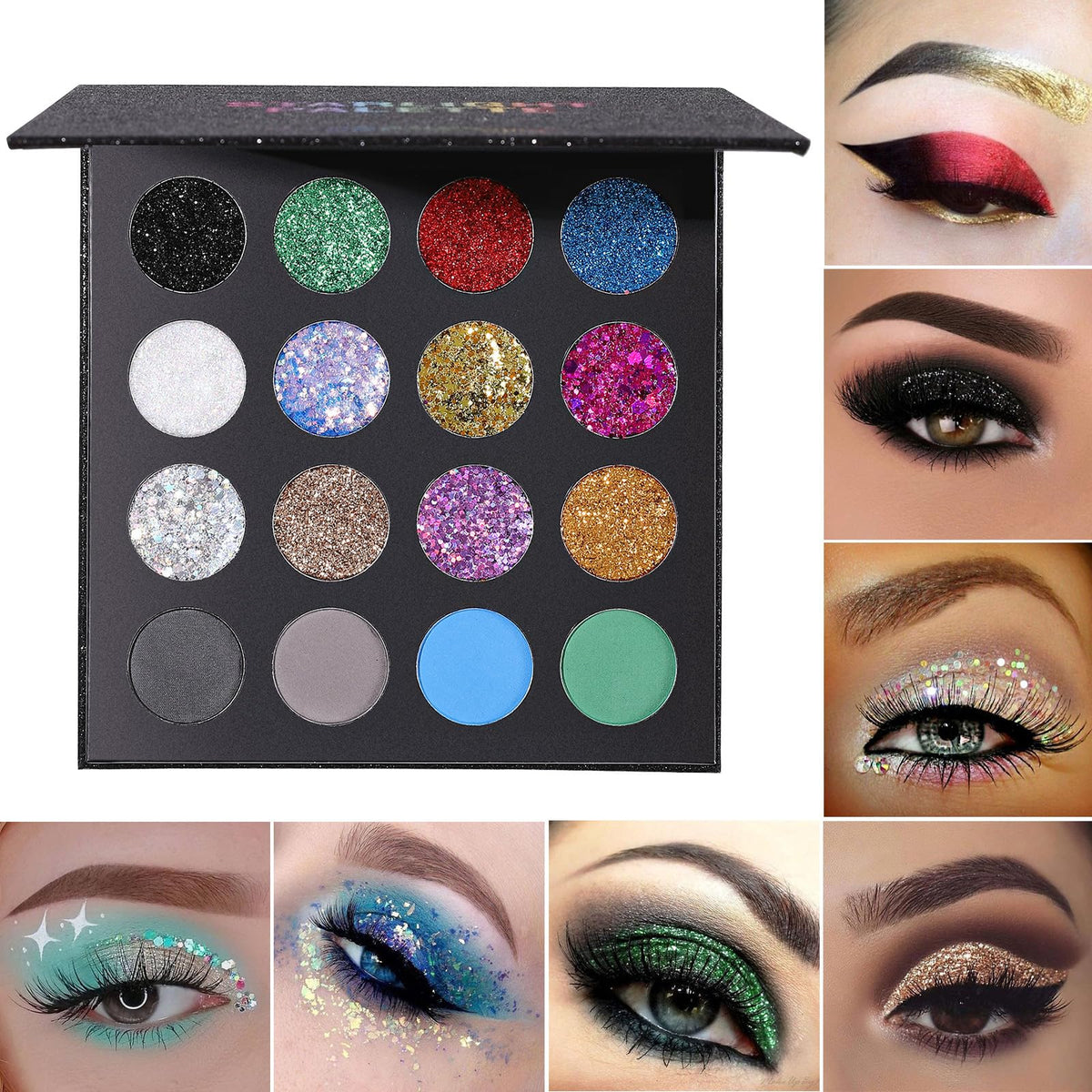 UCANBE Glitter Eyeshadow Palette open showing all shades