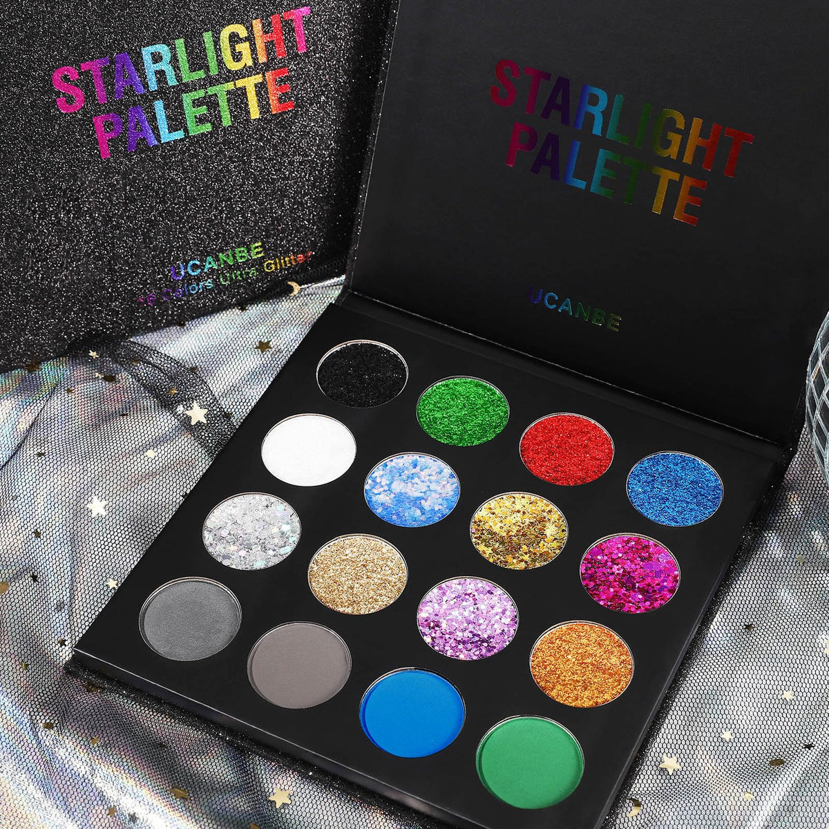 UCANBE Glitter Eyeshadow Palette with makeup application tools