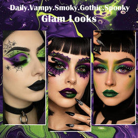 UCANBE Green Purple Goth Eyeshadow Palette in a makeup bag