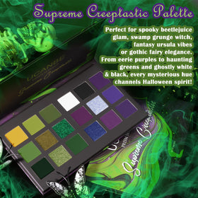 UCANBE Green Purple Goth Eyeshadow Palette open showing 18 colors