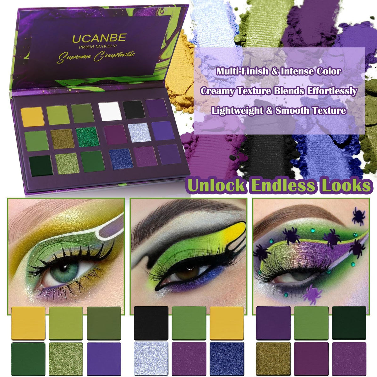 UCANBE Green Purple Goth Eyeshadow Palette with makeup brushes
