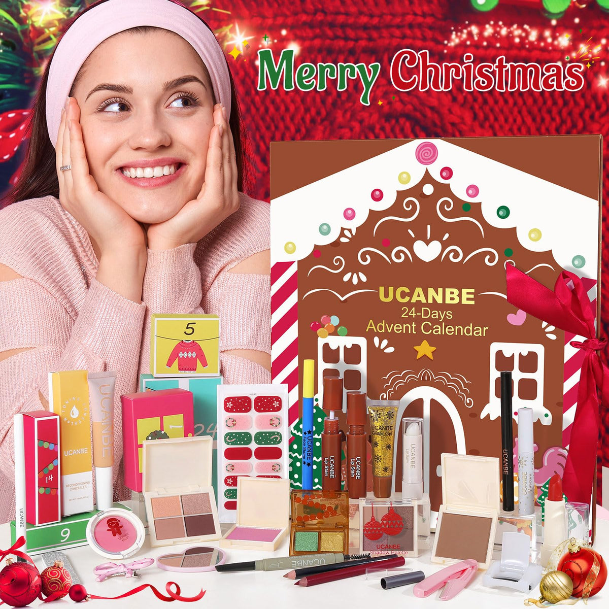UCANBE makeup products including eyeshadow and lip gloss