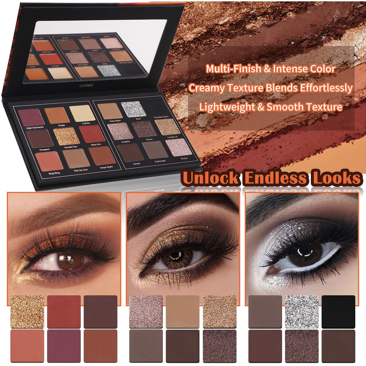 UCANBE Matte Eyeshadow Palette with vibrant colours laid out