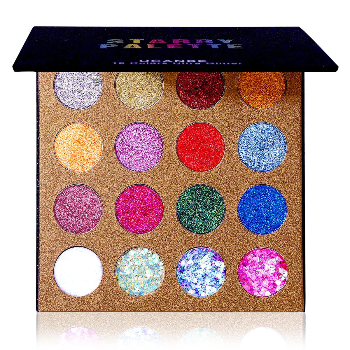 UCANBE Pro Glitter Eyeshadow Palette front view with 16 vibrant colours