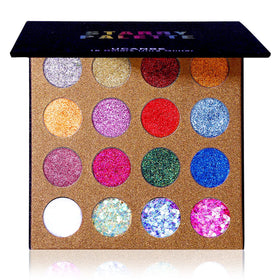 UCANBE Pro Glitter Eyeshadow Palette front view with 16 vibrant colours
