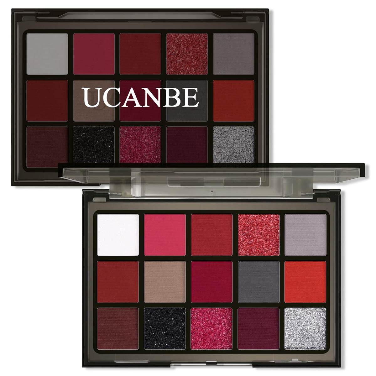 UCANBE Red Eyeshadow Palette front view with 15 vibrant shades