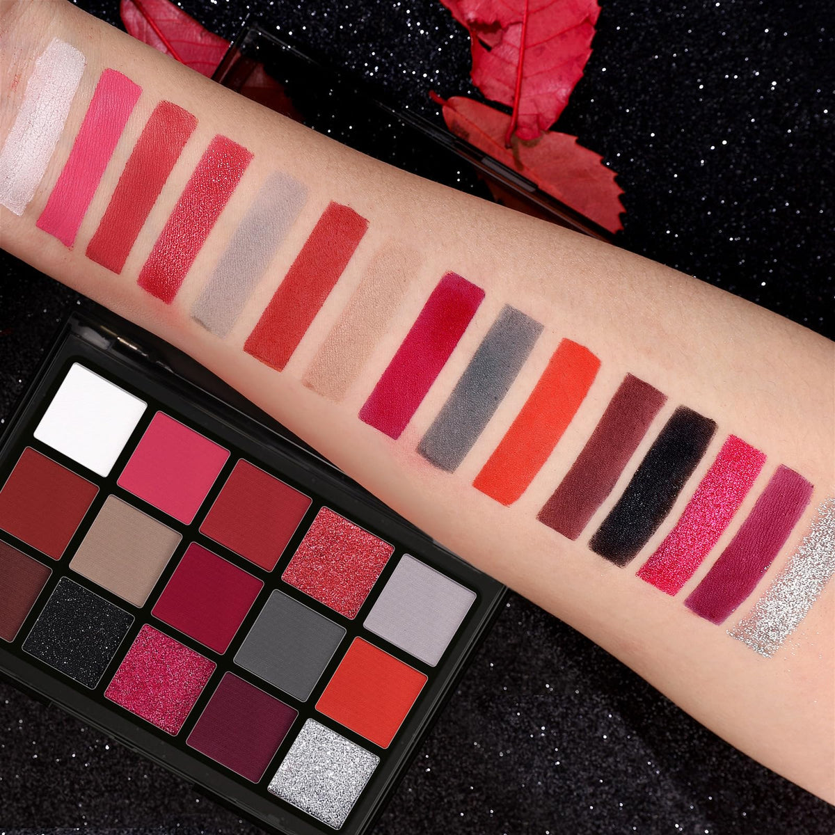 UCANBE Red Eyeshadow Palette lifestyle shot on a makeup table