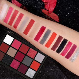 UCANBE Red Eyeshadow Palette lifestyle shot on a makeup table
