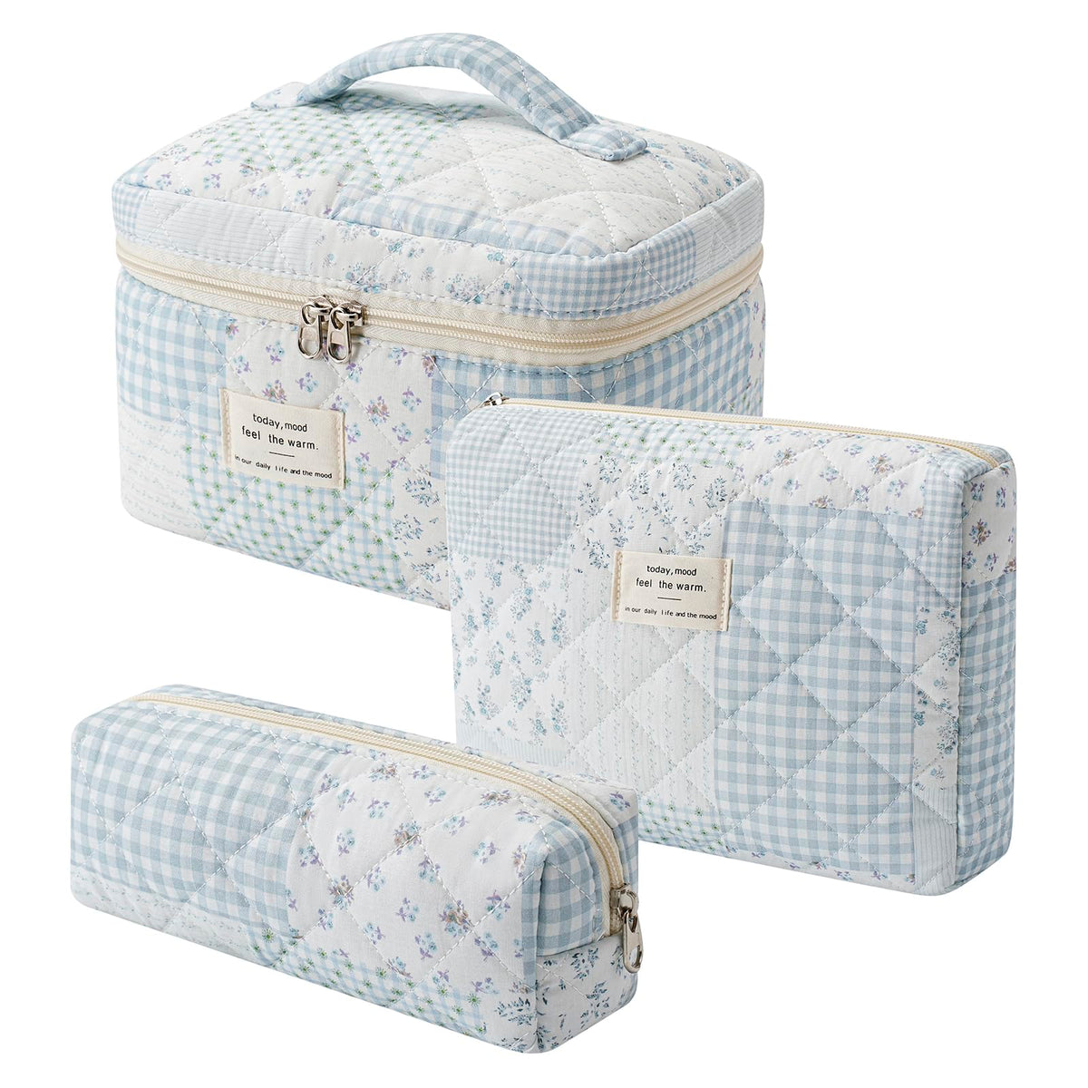 uekeboag 3Pcs Quilted Makeup Bag Set in floral design, large size