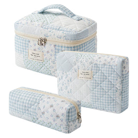 uekeboag 3Pcs Quilted Makeup Bag Set in floral design, large size