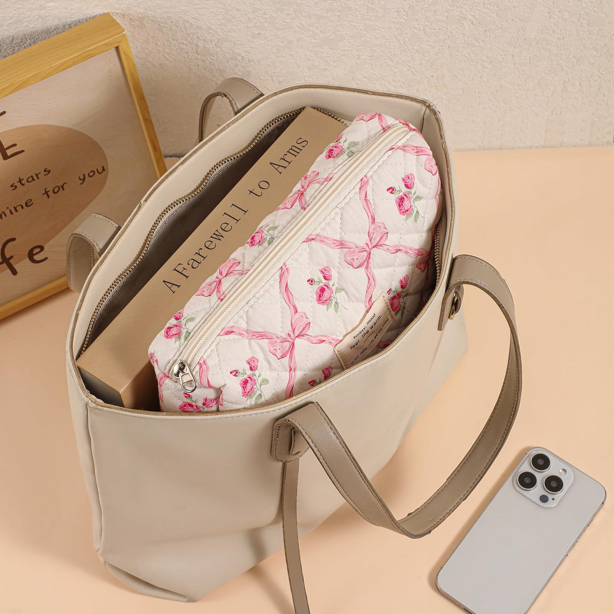 uekeboag Floral Cotton Makeup Bag in a travel suitcase
