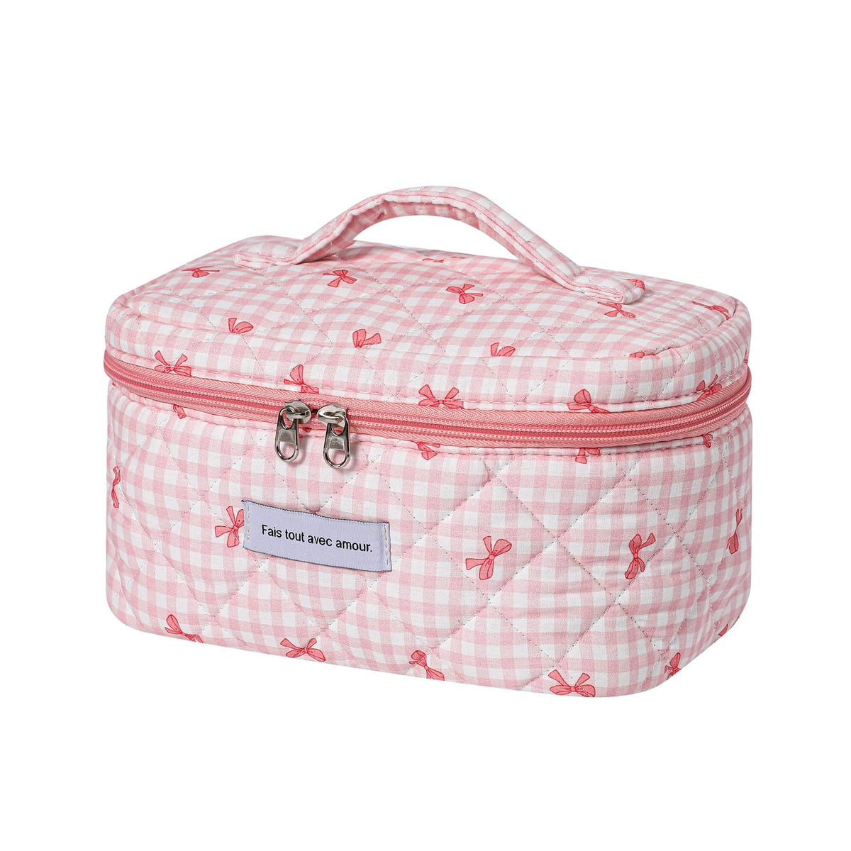 uekeboag Large Travel Quilted Makeup Bag front view with floral pattern