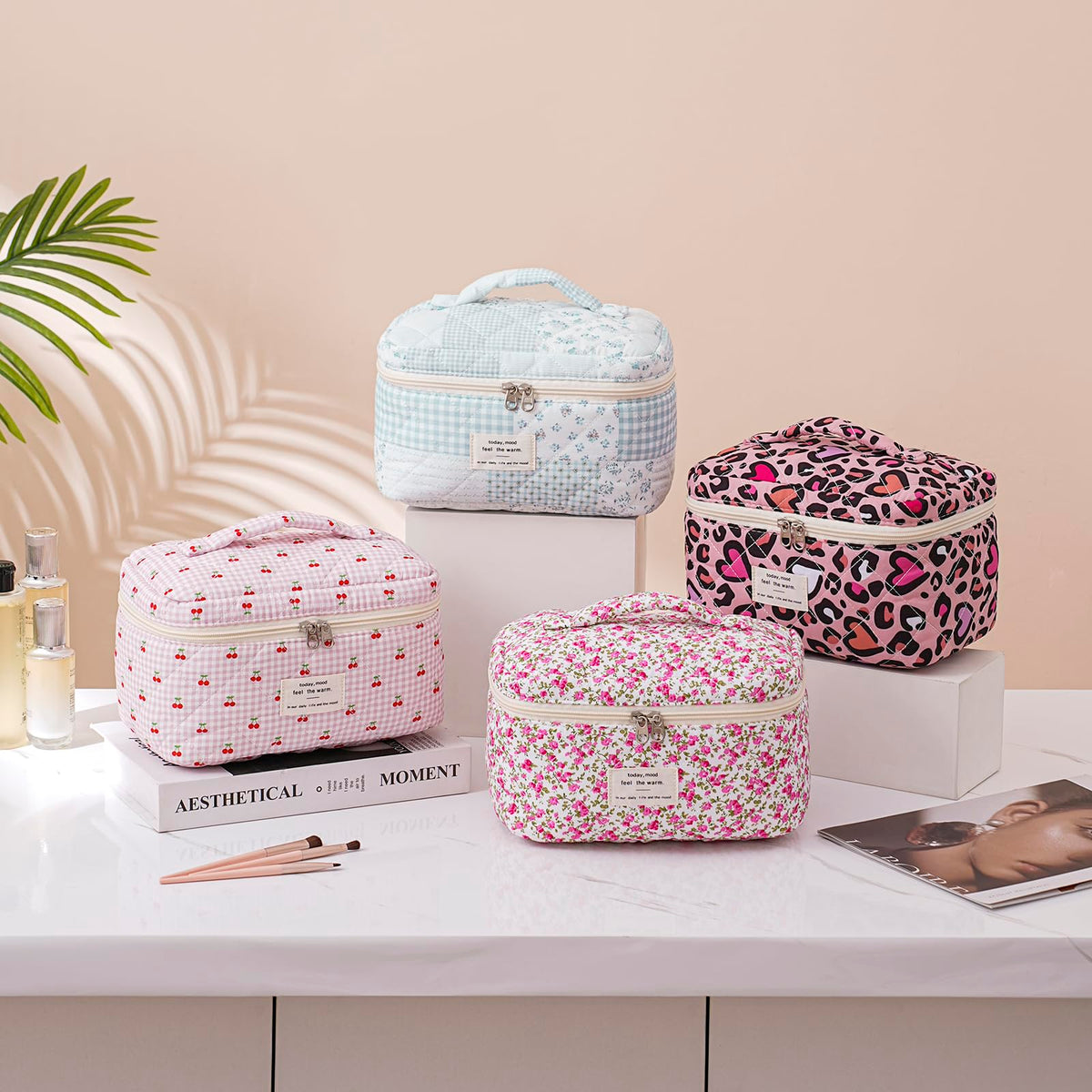 uekeboag large travel quilted makeup bag placed on a vanity