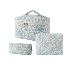 uekeboag large travel quilted makeup bag set in floral design, front view
