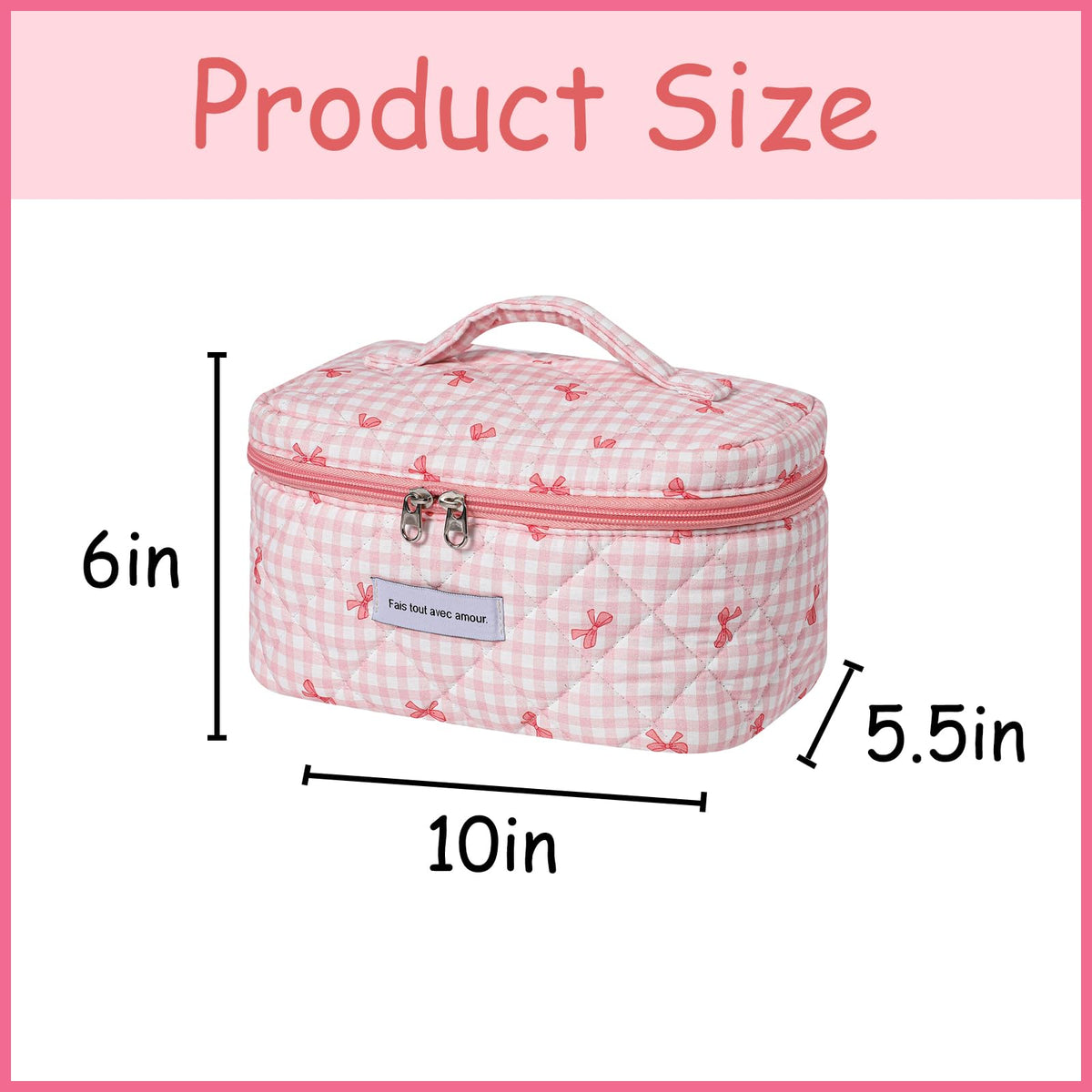 uekeboag Large Travel Quilted Makeup Bag side view showing zipper