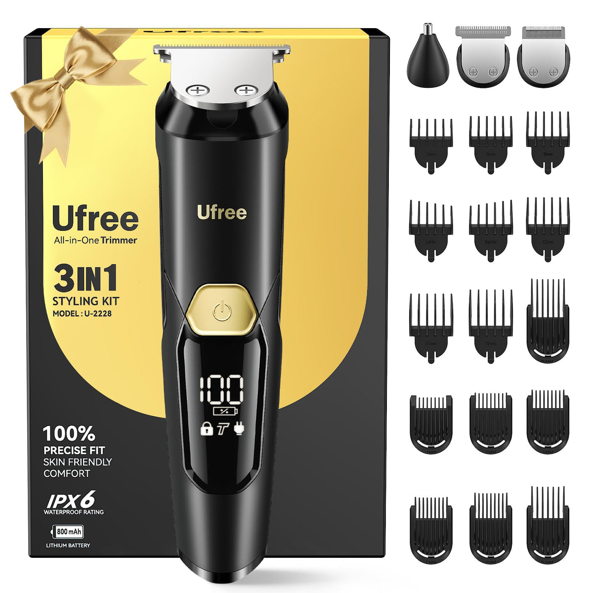 Ufree 3-in-1 Beard Trimmer Kit with travel pouch and accessories