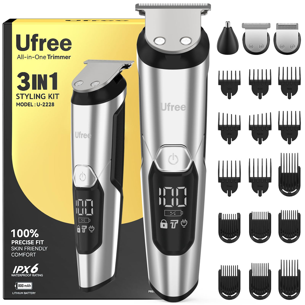 Ufree 3-in-1 Beard Trimmer with three heads and guard combs