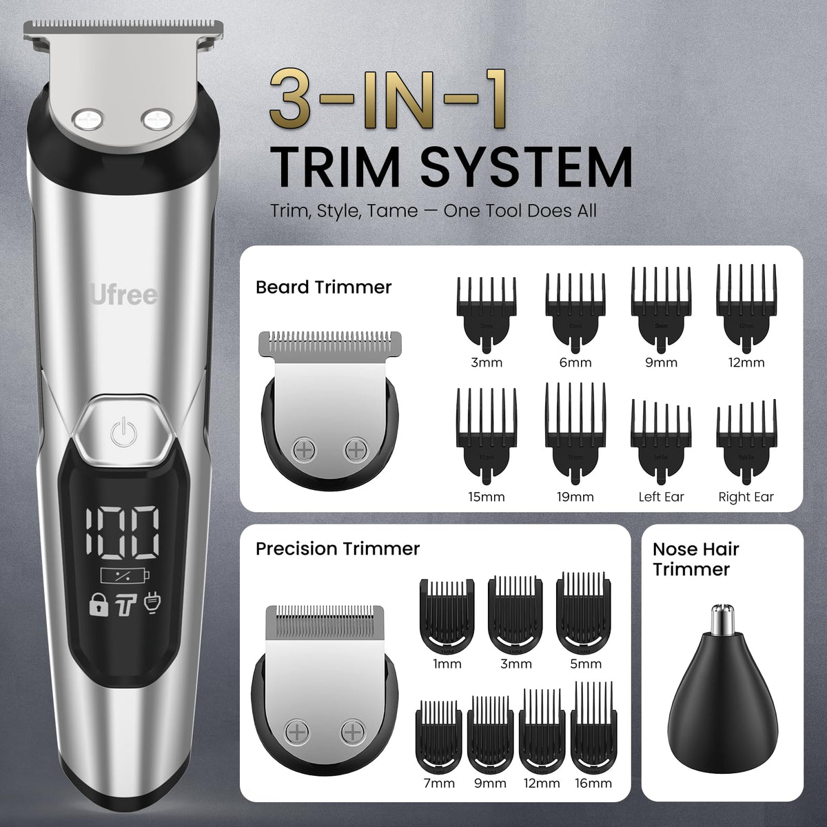 Ufree Beard Trimmer in travel pouch with accessories
