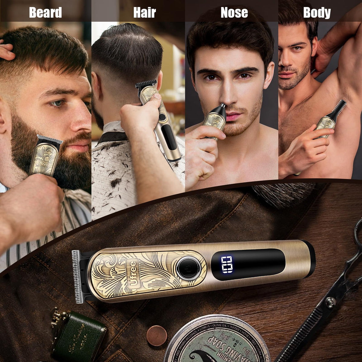 Ufree beard trimmer showing T-blade and attachments