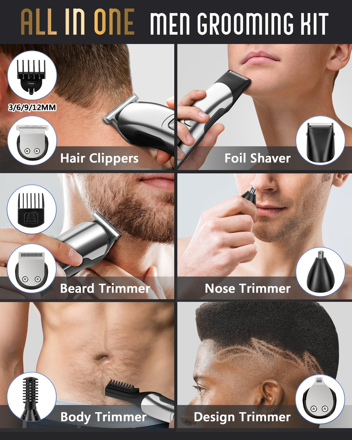 Ufree Beard Trimmer with interchangeable heads on display stand