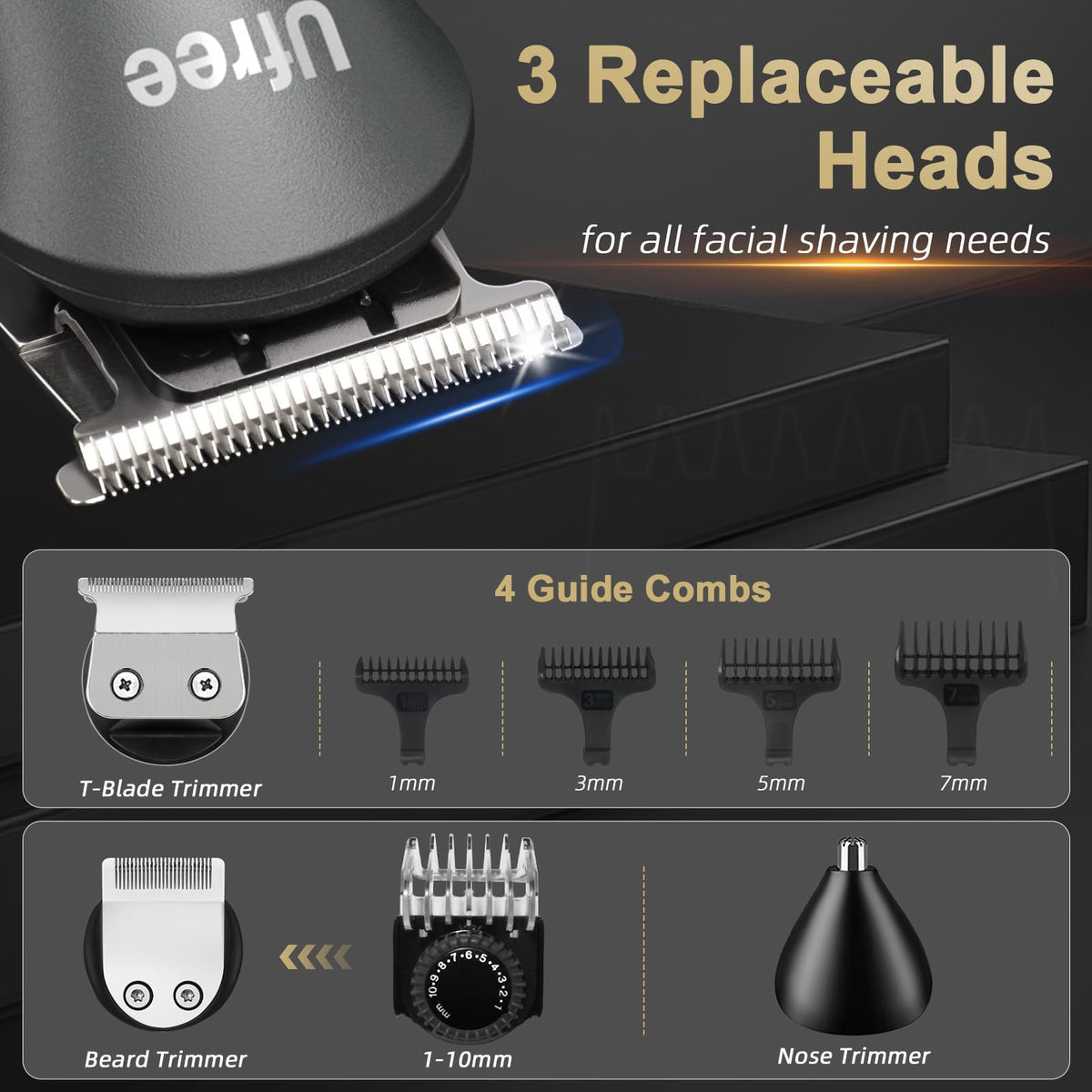 Ufree hair clippers with adjustable guide combs laid out