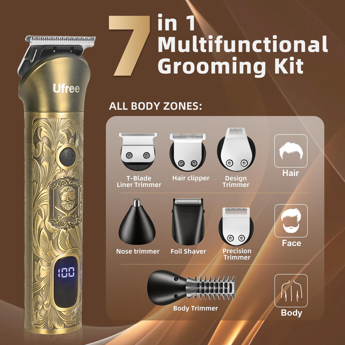 Ufree trimmer showing 7 interchangeable heads and combs
