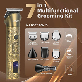 Ufree trimmer showing 7 interchangeable heads and combs