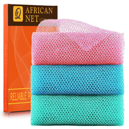 UJFQBH African Exfoliating Net Bath Sponge in pink, blue, and green