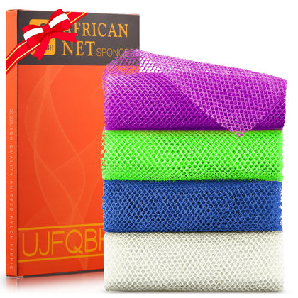 UJFQBH African Exfoliating Net Bath Sponge Set in purple, blue, green, and white