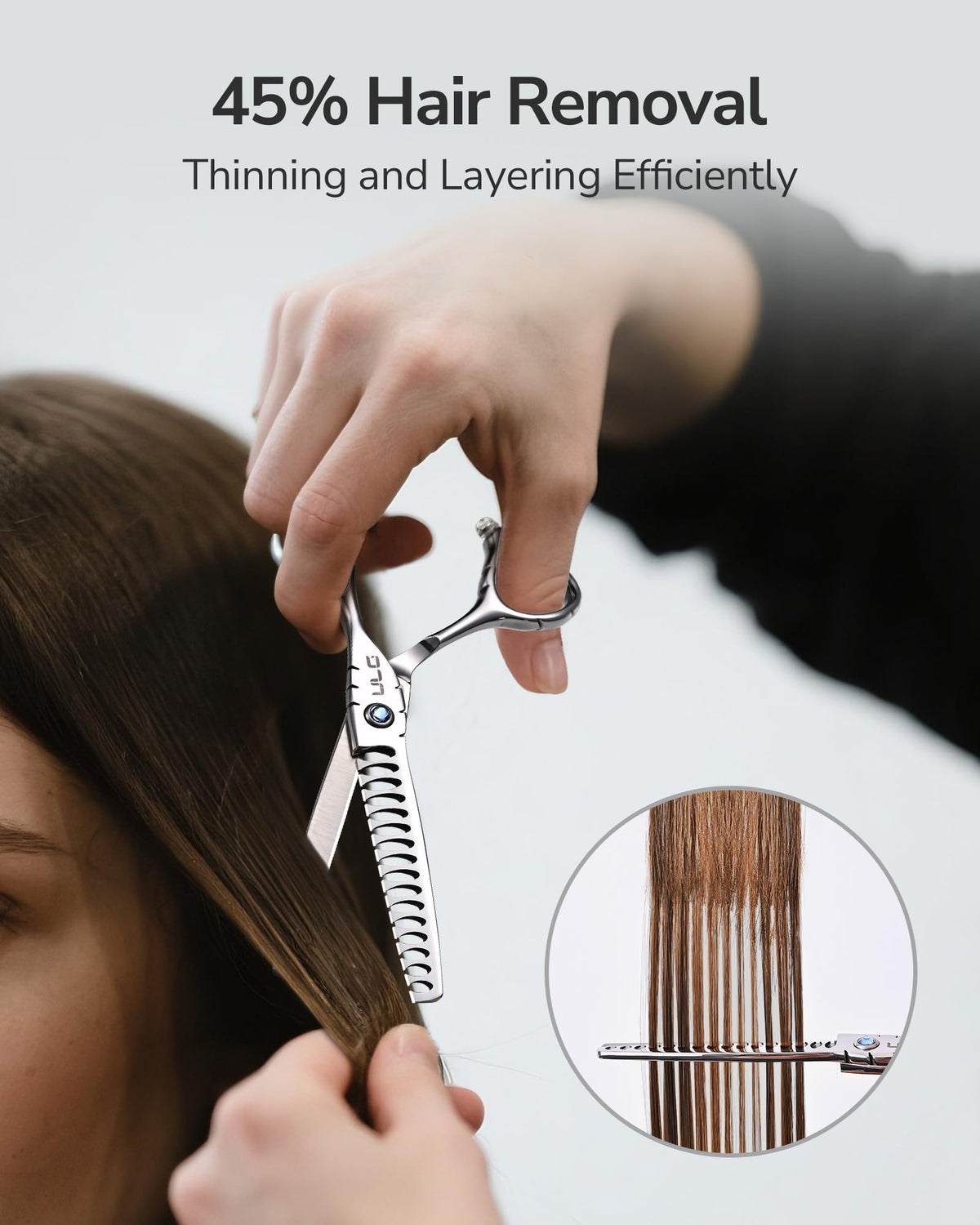 ULG Hair Thinning Scissors in use on curly hair