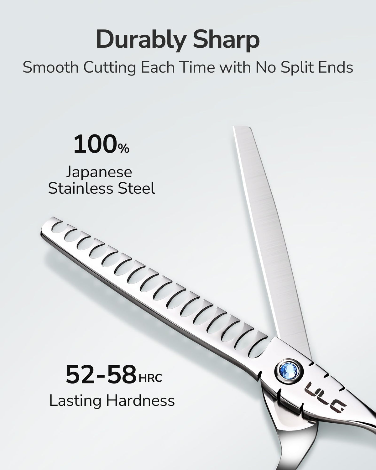 ULG Hair Thinning Scissors on a wooden table