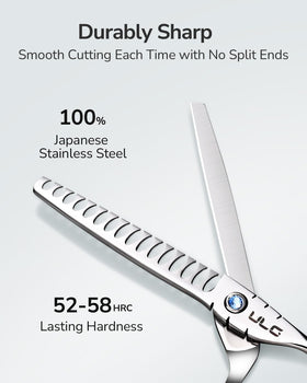 ULG Hair Thinning Scissors on a wooden table